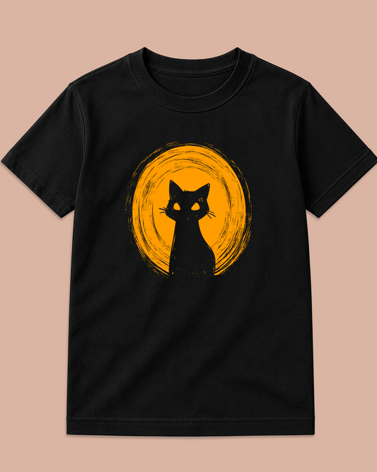 Black Cat Moon Graphic Kids T-Shirt - Regular Fit Halloween Tee