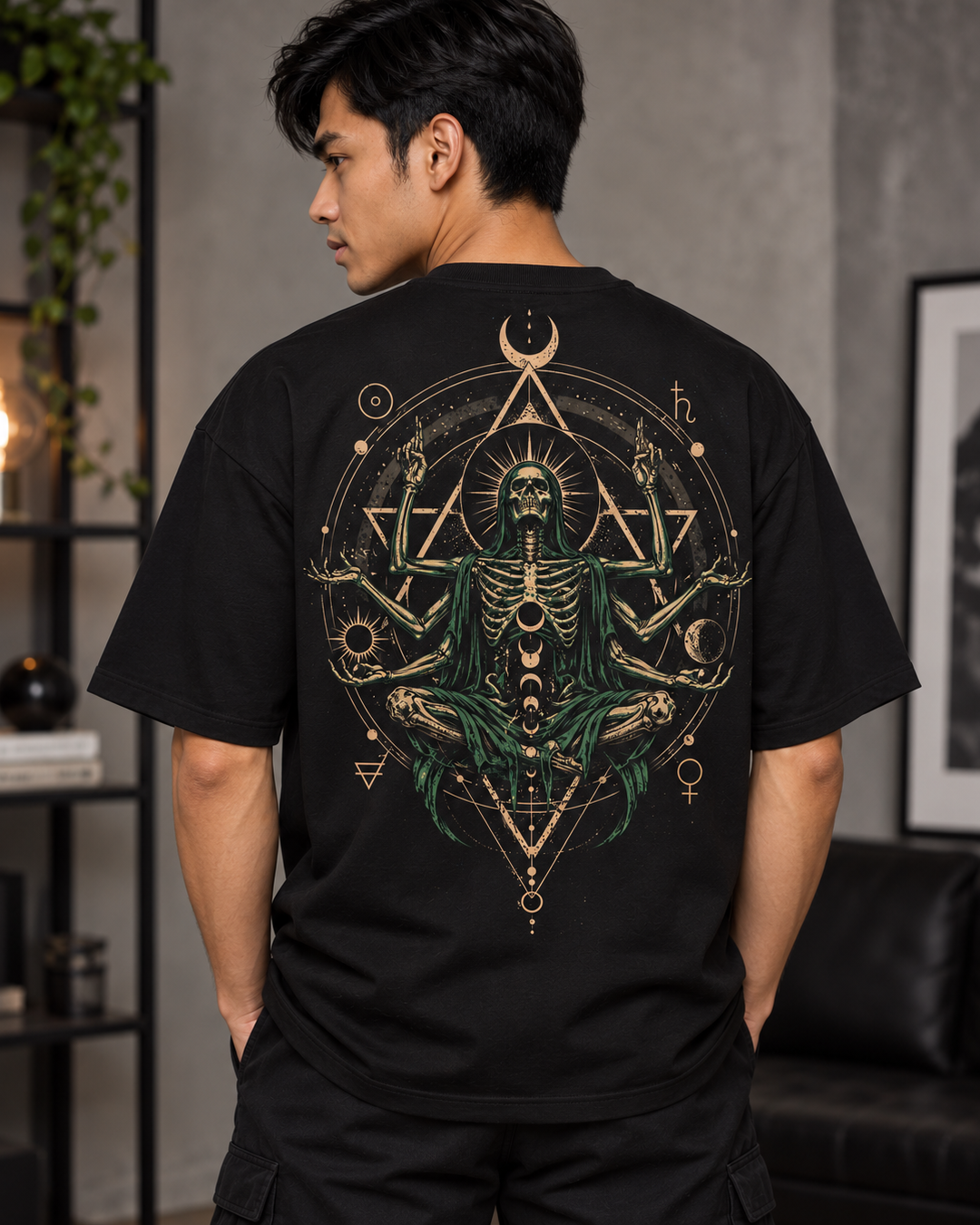 Celestial Skeleton Graphic Oversized Black T-Shirt – Front & Back Print