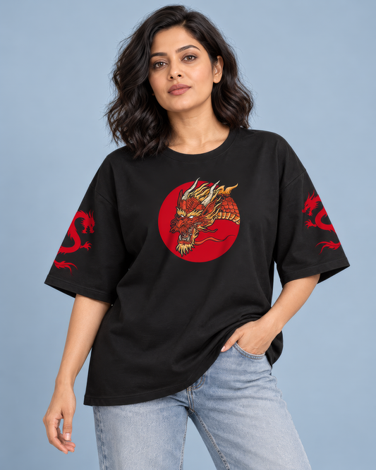 Tokyo Dragon Graphic Oversized Black T-Shirt – Front, Sleeve & Back Print