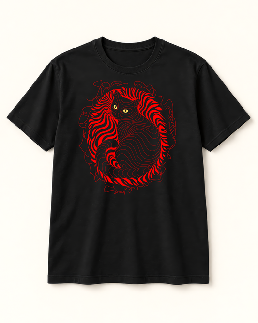 Mystic Cat Red Line Art Black T-Shirt - Abstract Graphic Tee