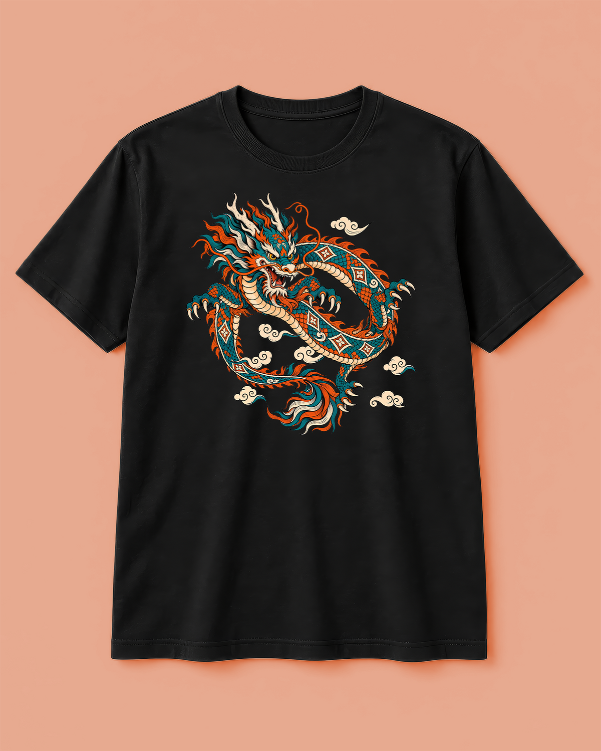 Eastern Dragon Graphic Black T-Shirt – Mythical Art Printed Tee