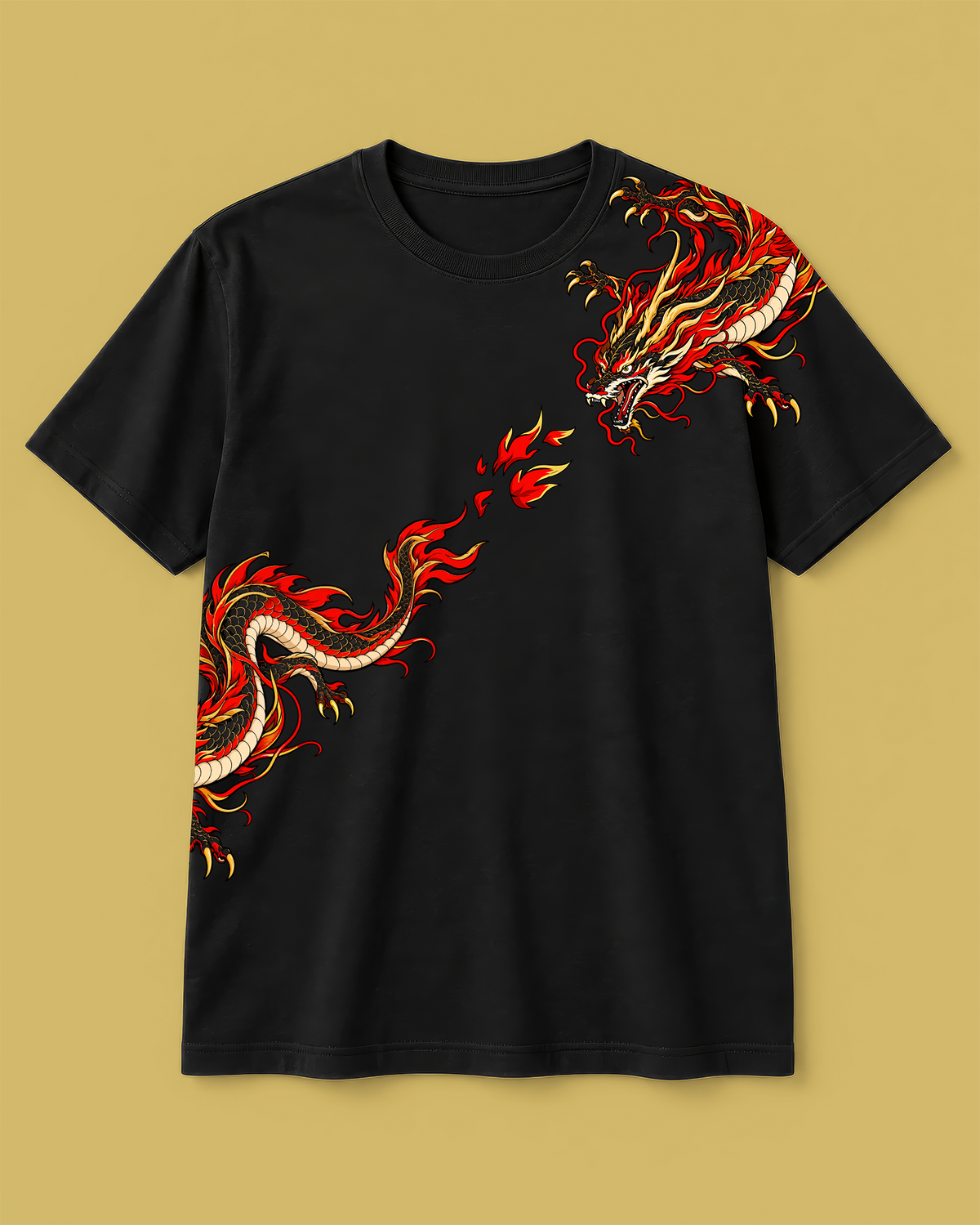 Fire Dragon Wrap Graphic Black T-Shirt – Red & Gold Mythical Print Tee