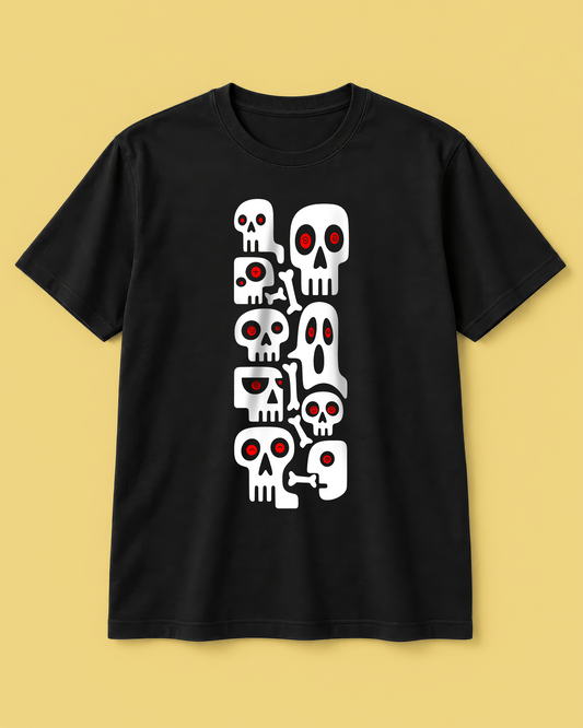 Red-Eyed Skull Stack Black T-Shirt - Regular Fit Horror Graphic Tee