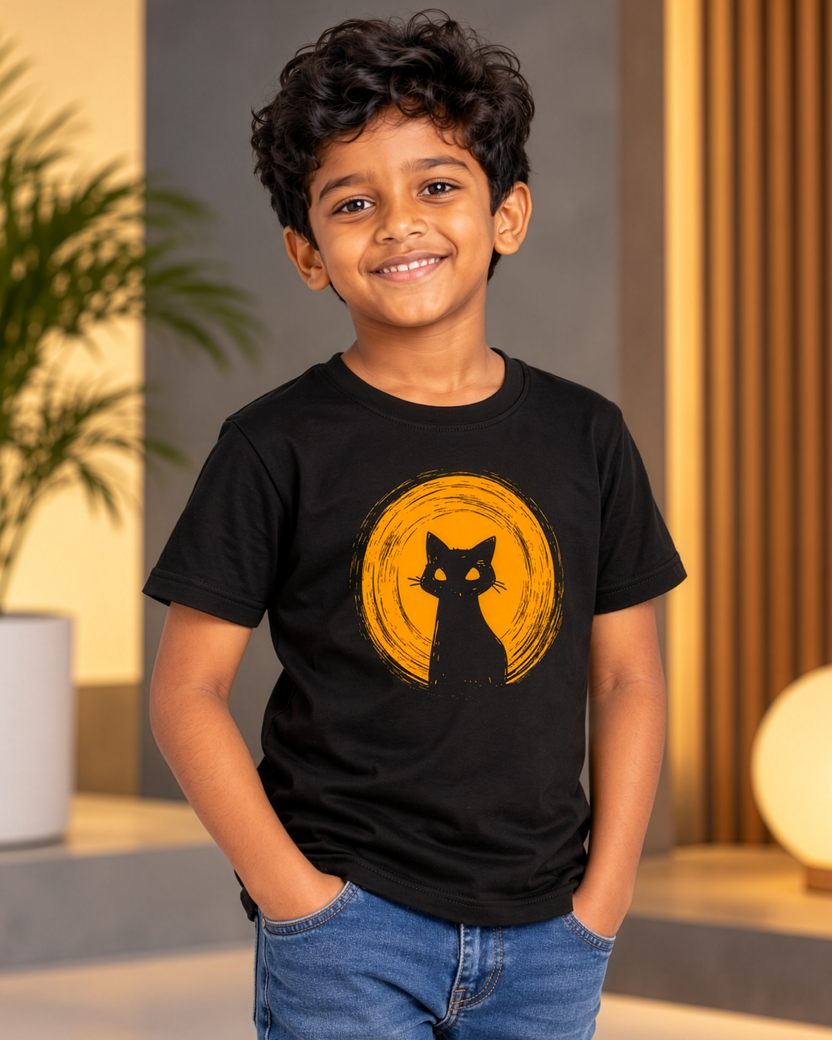 Black Cat Moon Graphic Kids T-Shirt - Regular Fit Halloween Tee