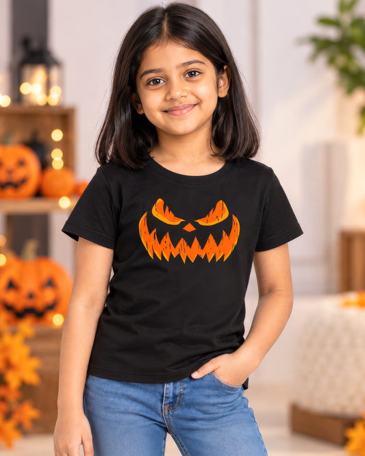 Spooky Pumpkin Face Kids Black T-Shirt - Regular Fit Halloween Tee