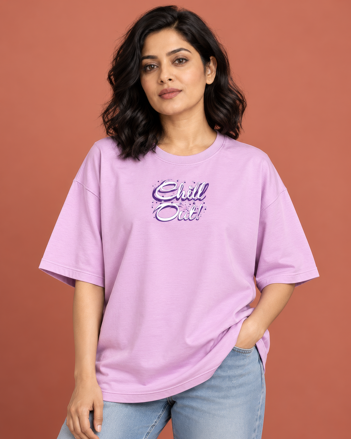 Chill Out Typography Oversized T-Shirt – Pastel Lilac Front & Back Print