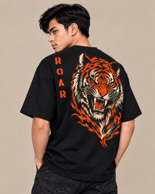 ROAR Tiger Graphic Oversized Black T-Shirt – Front & Back Print