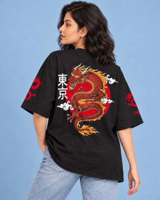 Tokyo Dragon Graphic Oversized Black T-Shirt – Front, Sleeve & Back Print