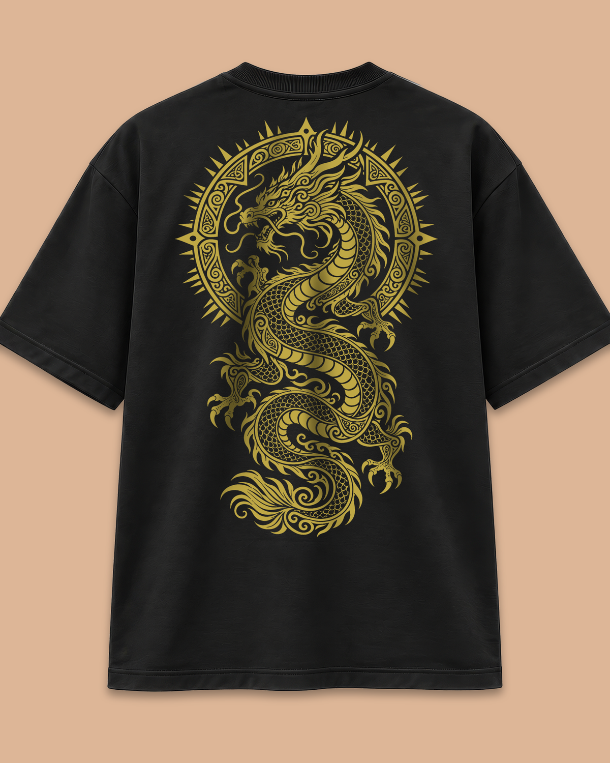 Golden Dragon Back Print Oversized Black T-Shirt – Minimal Front Streetwear Tee