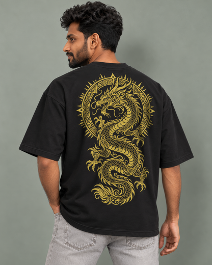 Golden Dragon Back Print Oversized Black T-Shirt – Minimal Front Streetwear Tee