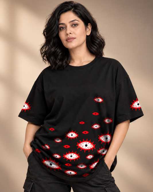 All Eyes Graphic Oversized Black T-Shirt - Front & Back Print