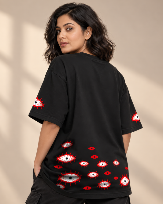 All Eyes Graphic Oversized Black T-Shirt - Front & Back Print