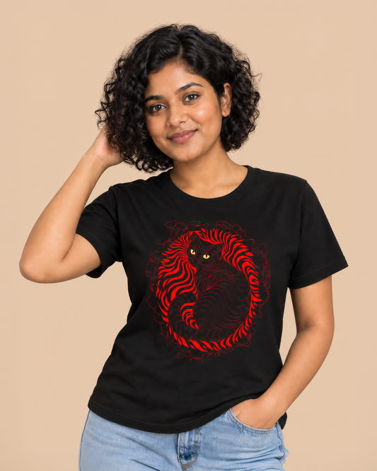 Mystic Cat Red Line Art Black T-Shirt - Abstract Graphic Tee