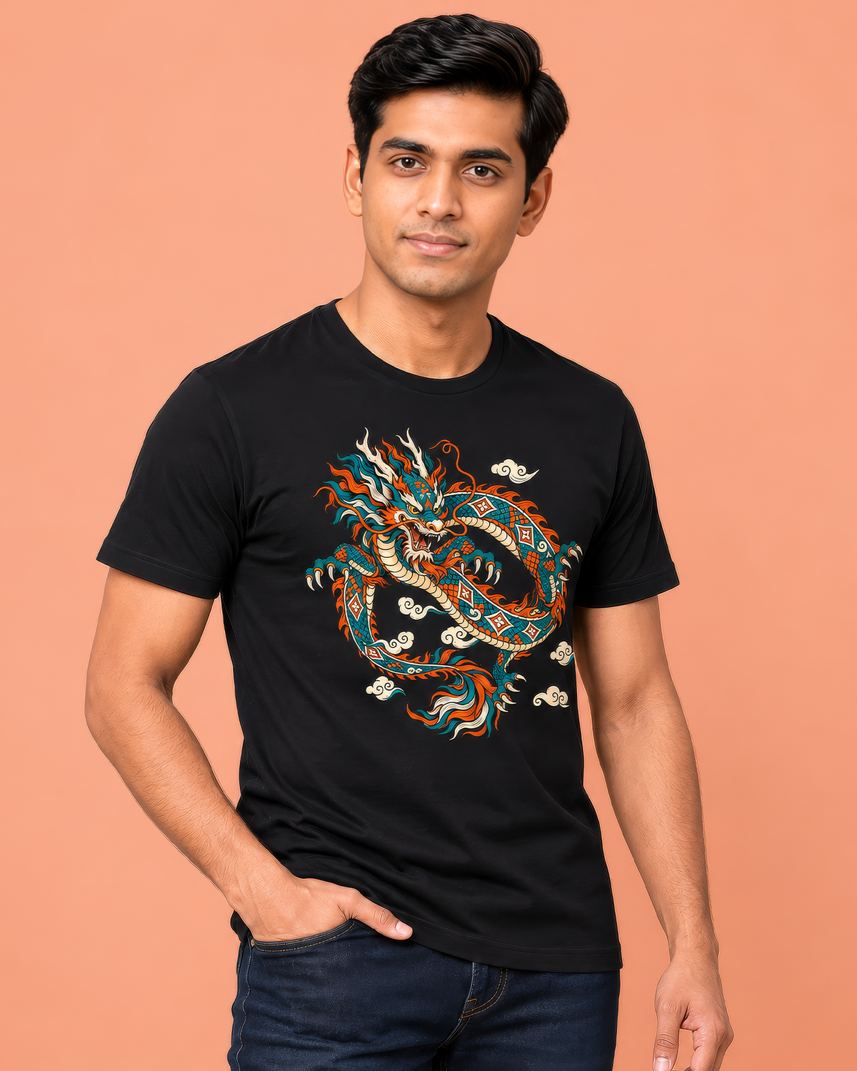 Eastern Dragon Graphic Black T-Shirt – Mythical Art Printed Tee