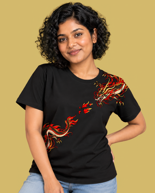 Fire Dragon Wrap Graphic Black T-Shirt – Red & Gold Mythical Print Tee