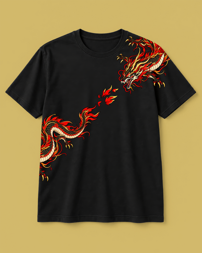 Fire Dragon Wrap Graphic Black T-Shirt – Red & Gold Mythical Print Tee