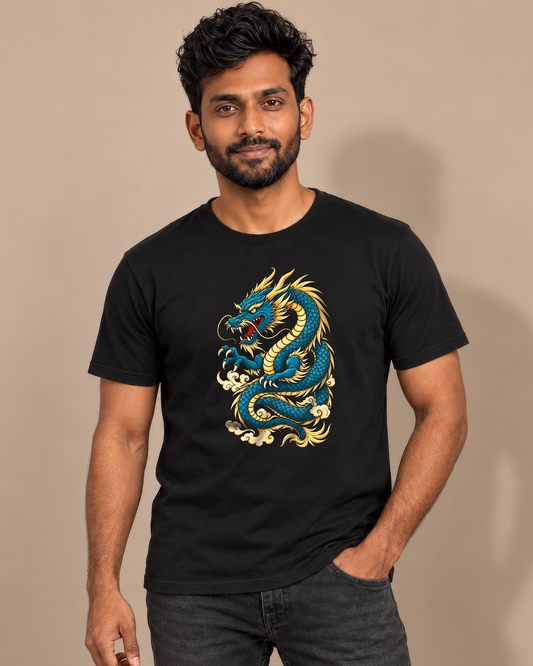 Blue Dragon Graphic Black T-Shirt – Oriental Mythology Print Tee