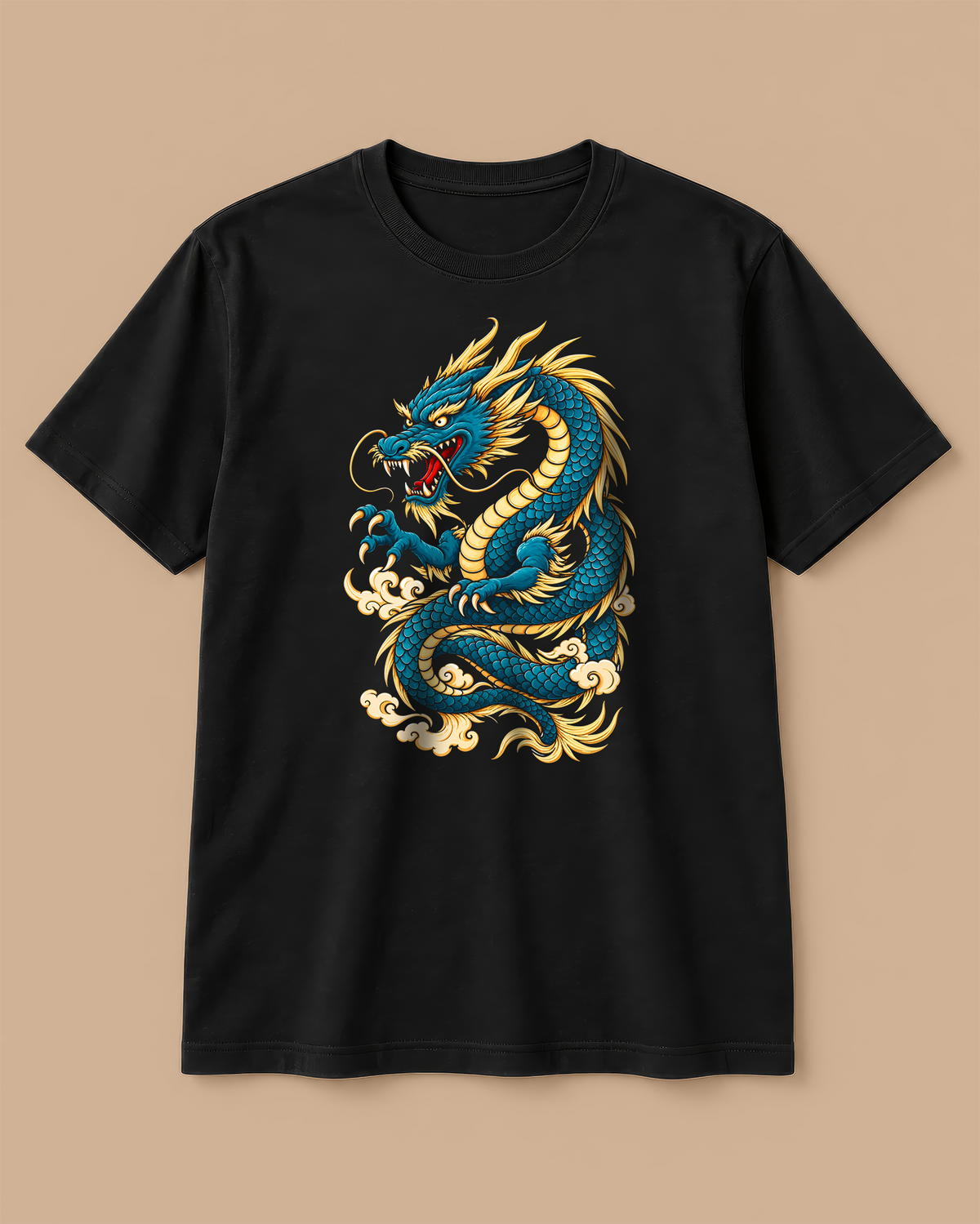Blue Dragon Graphic Black T-Shirt – Oriental Mythology Print Tee
