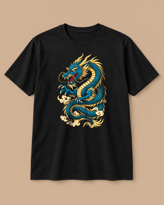 Blue Dragon Graphic Black T-Shirt – Oriental Mythology Print Tee