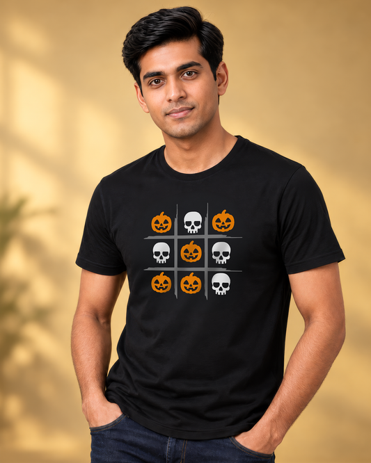 Halloween Tic Tac Toe Skull & Pumpkin Black T-Shirt Regular Fit Unisex T-Shirt