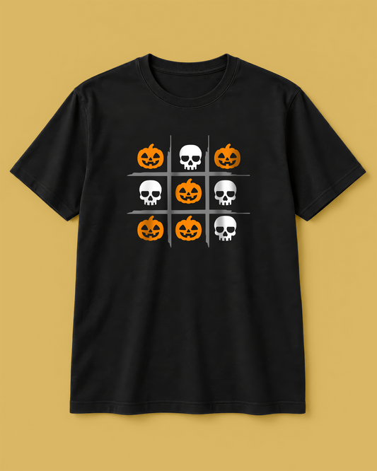 Halloween Tic Tac Toe Skull & Pumpkin Black T-Shirt Regular Fit Unisex T-Shirt