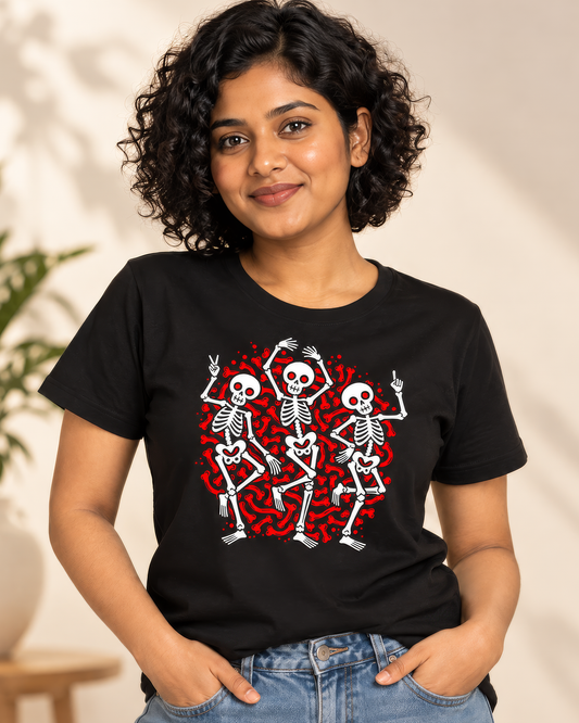 Dancing Skeletons Halloween Black T-Shirt - Regular Fit Graphic Tee