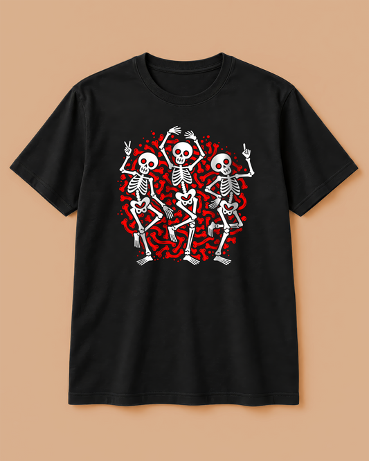 Dancing Skeletons Halloween Black T-Shirt - Regular Fit Graphic Tee