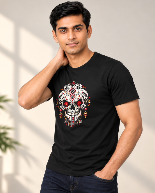 Ornamental Skull Graphic Black T-Shirt - Regular Fit Gothic Tee