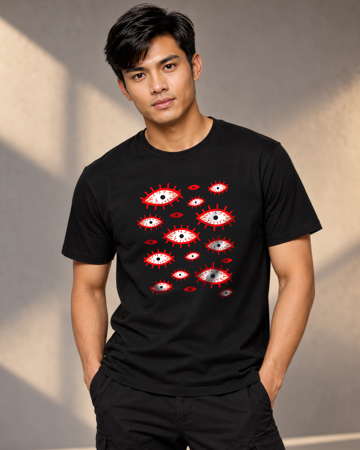 All Eyes Graphic Black T-Shirt - Regular Fit Abstract Horror Tee