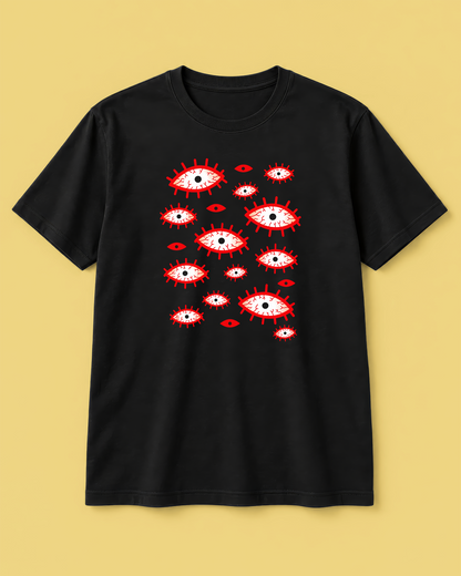 All Eyes Graphic Black T-Shirt - Regular Fit Abstract Horror Tee