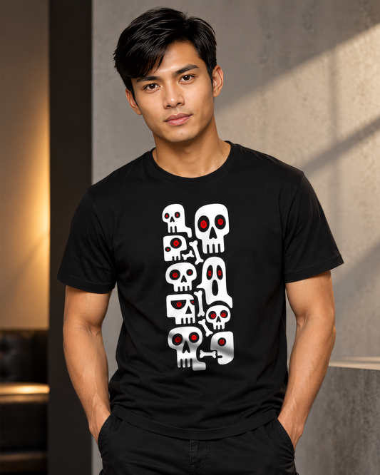 Red-Eyed Skull Stack Black T-Shirt - Regular Fit Horror Graphic Tee